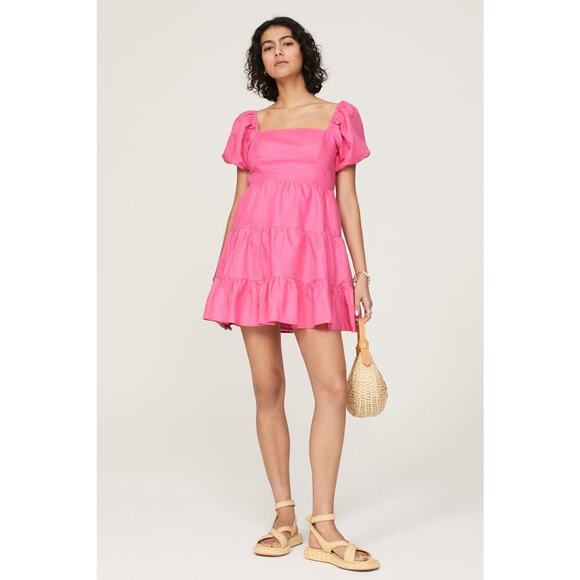 LOUNA Pink Linen Blend Tiered Puff Sleeve Tie Back Square Neckline Mini Dress S - Picture 1 of 15